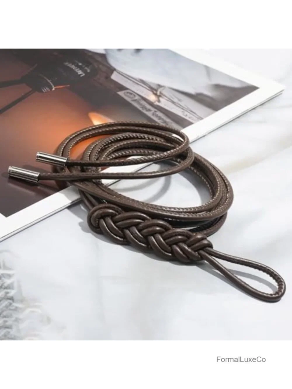 PU Leather Knotted Thin Belt for Women Skinny Waist Belt